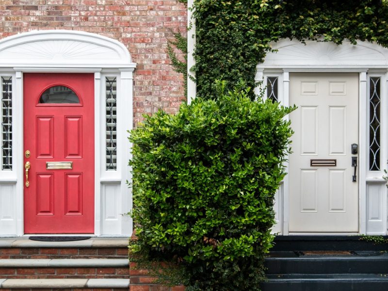 red and white composite front doors